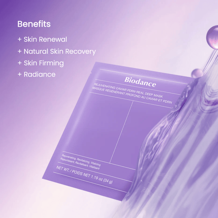 Biodance Rejuvenating Caviar PDRN Real Deep Mask na modelke s prirodzeným leskom a viditeľným žiarením po použití