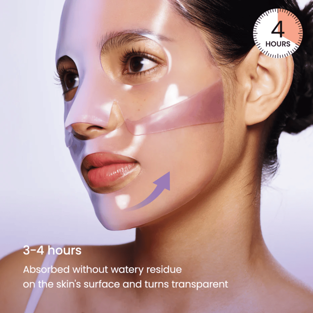 Biodance Rejuvenating Caviar PDRN Real Deep Mask aplikovaná na tvár – gélová maska, ktorá sa absorbuje a stáva sa priehľadnou po 3-4 hodinách
