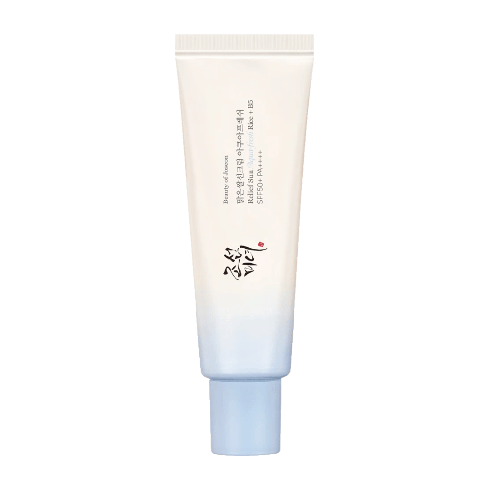 Beauty of Joseon Relief Sun: Aqua-Fresh Rice + B5, opaľovací krém s SPF 50+ PA++++. Ľahká a hydratačná formula, ktorá chráni pokožku pred UV žiarením a zároveň ošetruje s ryžovým extraktom a vitamínom B5.
