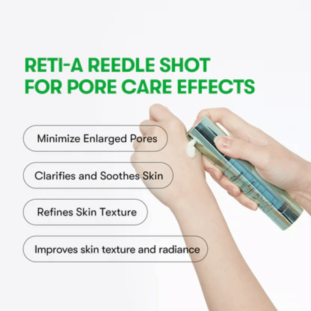 VT Reti-A Reedle Shot aplikovaný na ruku, ukazuje textúru séra a jeho účinok na minimalizáciu pórov, upokojenie pokožky a zlepšenie jej lesku.