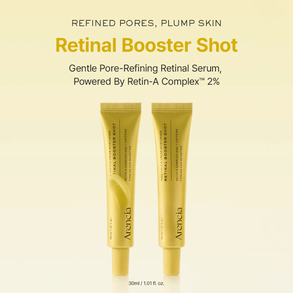 Produktová prezentácia Arencia Retinal Booster Shot 2 %, jemné retinalové sérum pre zjemnené póry, napnutú pokožku a hladšiu štruktúru pokožky.