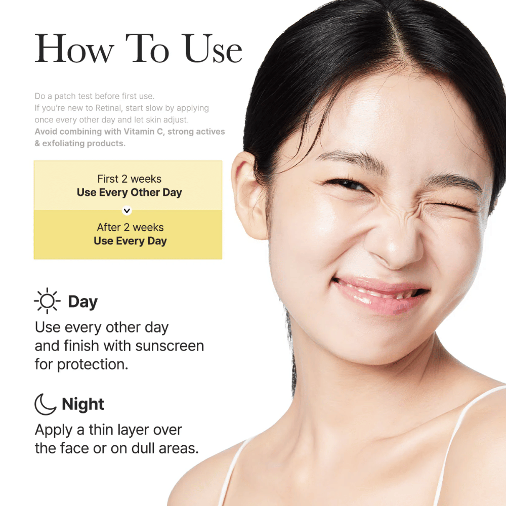 Inštrukčný obrázok pre Arencia Retinal Booster Shot s odporúčaným používaním každý druhý deň počas prvých dvoch týždňov a následne denne, denná a nočná rutina pre retinal.