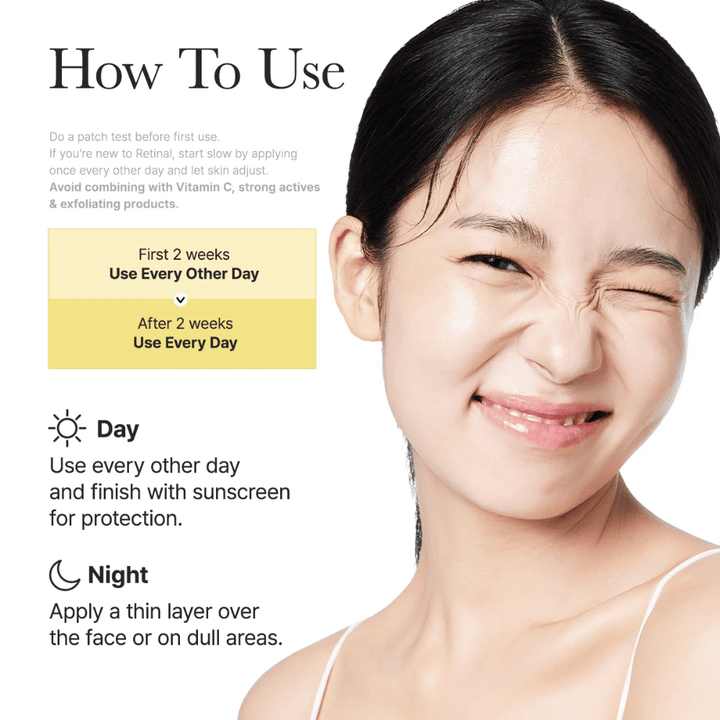 Inštrukčný obrázok pre Arencia Retinal Booster Shot s odporúčaným používaním každý druhý deň počas prvých dvoch týždňov a následne denne, denná a nočná rutina pre retinal.