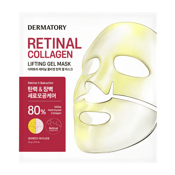 Balenie Dermatory Retinal Collagen Lifting Gel Mask s obrázkom masky na tvár v žltej farbe. Maska obsahuje 80% hydrolyzovaného kolagénu a retinal pre spevňujúci a omladzujúci efekt, ideálna pre dodanie pružnosti a žiarivosti pokožke.