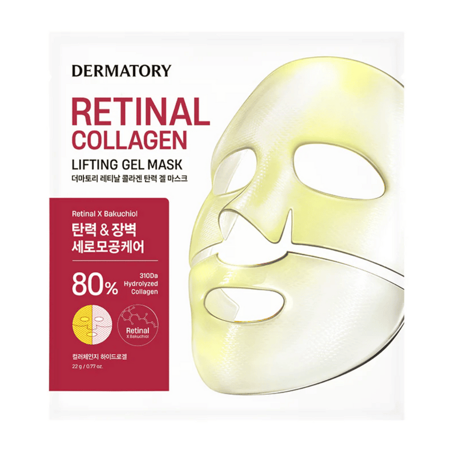 Balenie Dermatory Retinal Collagen Lifting Gel Mask s obrázkom masky na tvár v žltej farbe. Maska obsahuje 80% hydrolyzovaného kolagénu a retinal pre spevňujúci a omladzujúci efekt, ideálna pre dodanie pružnosti a žiarivosti pokožke.
