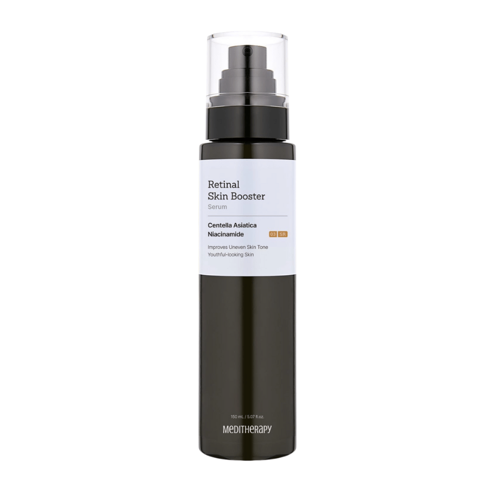 Meditherapy Retinal Skin Booster Serum v tmavej pumpovacej fľaši. Formula s Centella Asiatica a niacínamidom zlepšuje tón pleti a dodáva mladistvý lesk.