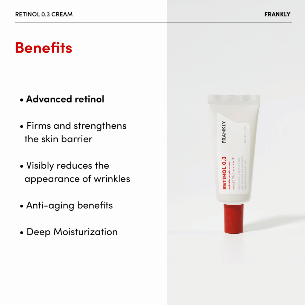Obrázok produktu FRANKLY Retinol 0.3 Cream s uvedenými výhodami: pokročilý retinol, posilňuje kožnú bariéru a hydratuje do hĺbky.