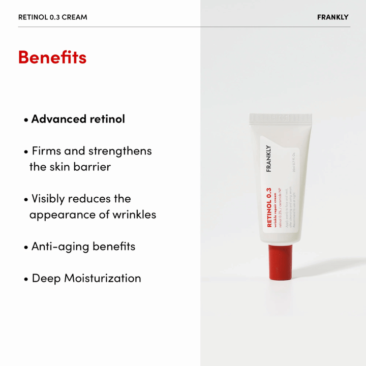 Obrázok produktu FRANKLY Retinol 0.3 Cream s uvedenými výhodami: pokročilý retinol, posilňuje kožnú bariéru a hydratuje do hĺbky.