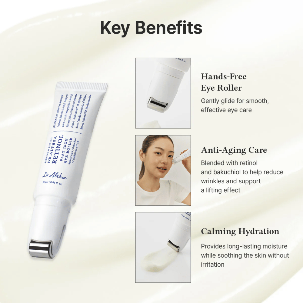 Dr. Althea Retinol Flat Iron Eye Roller s kovovým valčekom pre chladivý efekt, vlastnosti proti starnutiu a dlhotrvajúcu hydratáciu bez podráždenia.