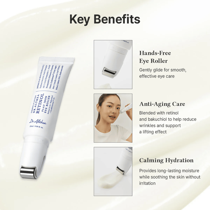 Dr. Althea Retinol Flat Iron Eye Roller s kovovým valčekom pre chladivý efekt, vlastnosti proti starnutiu a dlhotrvajúcu hydratáciu bez podráždenia.