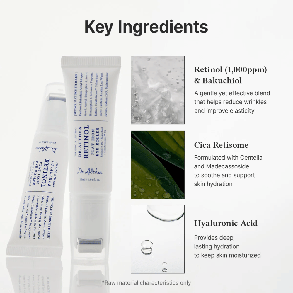 Dr. Althea Retinol Flat Iron Eye Roller s retinolom, bakuchiolom, cica a kyselinou hyalurónovou, ktoré hydratujú, upokojujú a redukujú vrásky.