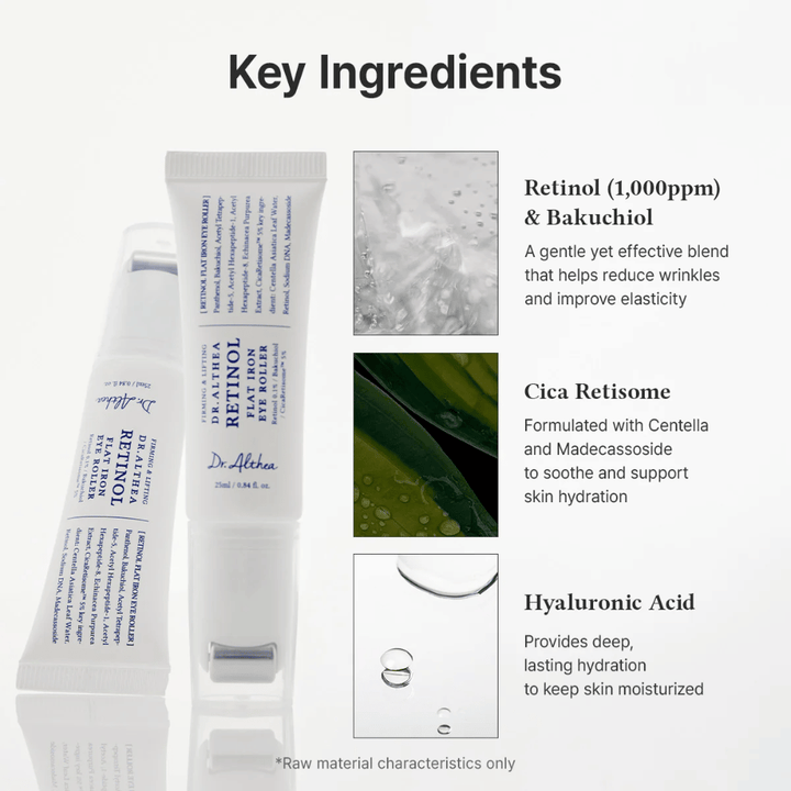 Dr. Althea Retinol Flat Iron Eye Roller s retinolom, bakuchiolom, cica a kyselinou hyalurónovou, ktoré hydratujú, upokojujú a redukujú vrásky.
