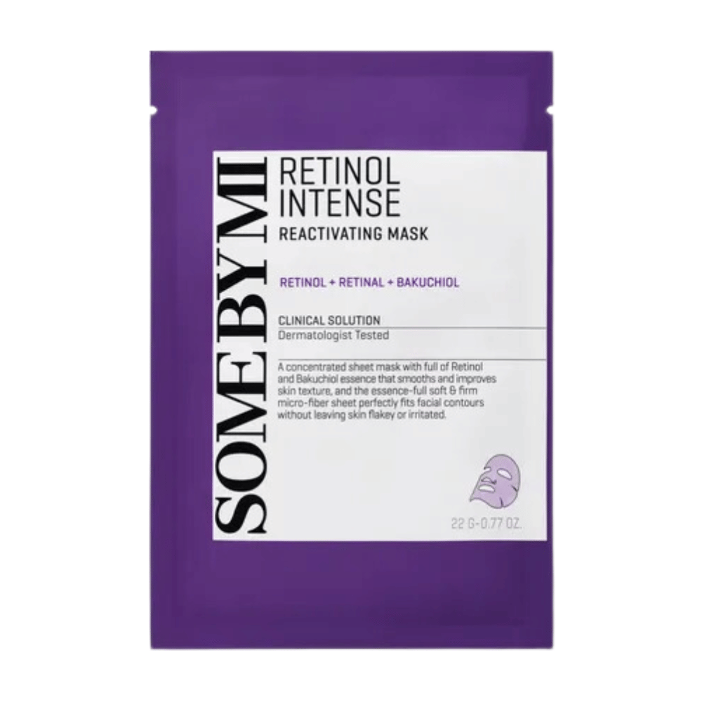 Obrázok zobrazuje balenie "Retinol Intense Reactivating Mask", kozmetického výrobku, ktorý obsahuje retinol, retinal a bakuchiol. Maska je dermatologicky testovaná.