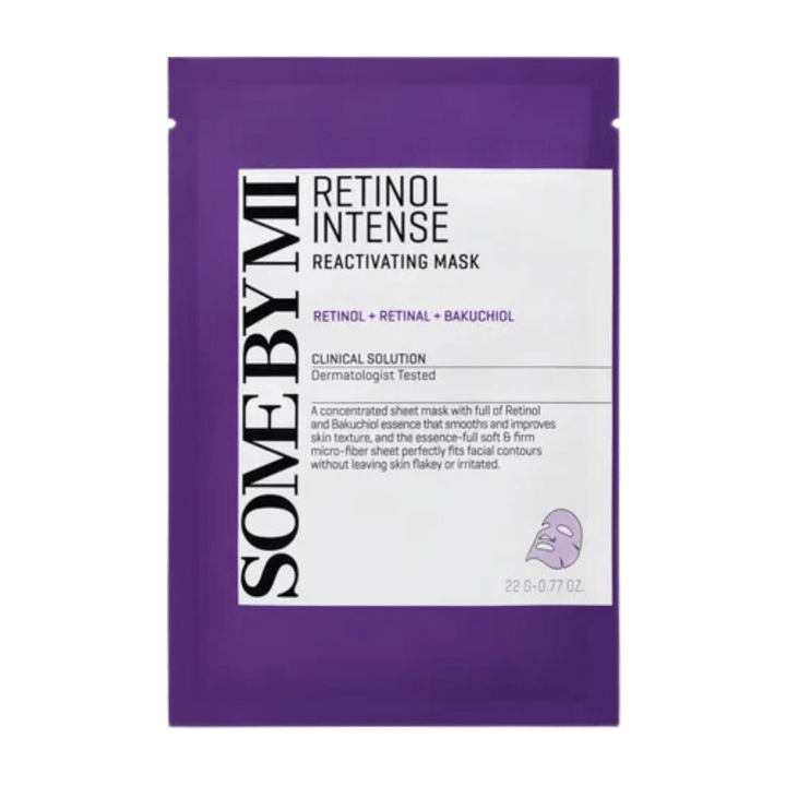 Obrázok zobrazuje balenie "Retinol Intense Reactivating Mask", kozmetického výrobku, ktorý obsahuje retinol, retinal a bakuchiol. Maska je dermatologicky testovaná.
