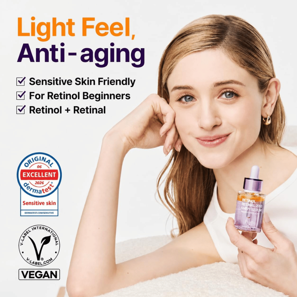 PURITO SEOUL Retinol Retinal 2000 NAD+ Serum – vegánske retinoidné sérum proti starnutiu pre citlivú pleť a začiatočníkov s retinolom.