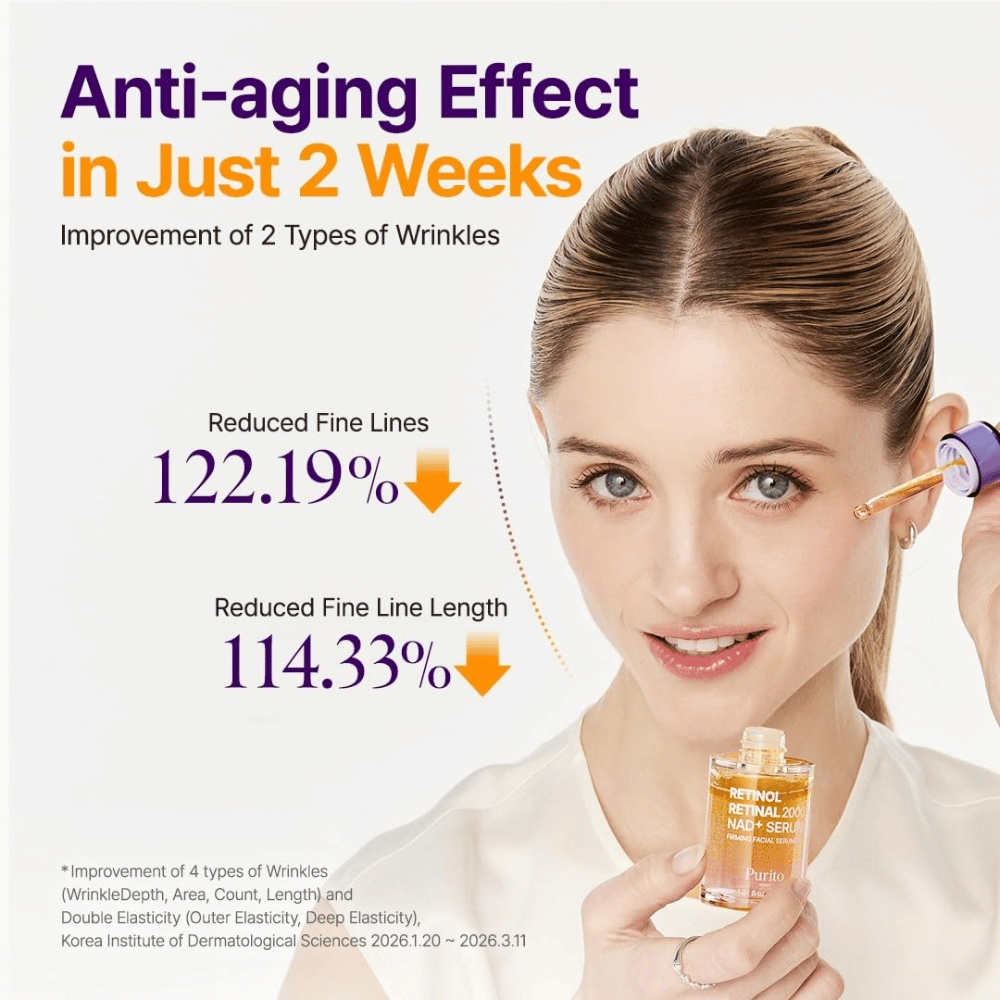PURITO SEOUL Retinol Retinal 2000 NAD+ Serum – kórejské anti-age sérum vyvinuté na zníženie viditeľnosti jemných liniek a vrások.