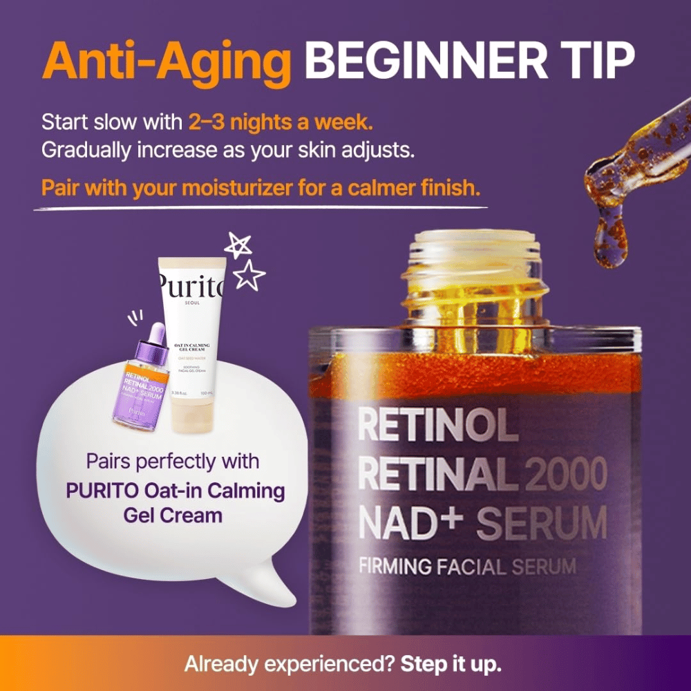 PURITO SEOUL Retinol Retinal 2000 NAD+ Serum – začnite sérum používať 2–3 večery v týždni a ideálne ho kombinujte s hydratačným krémom.