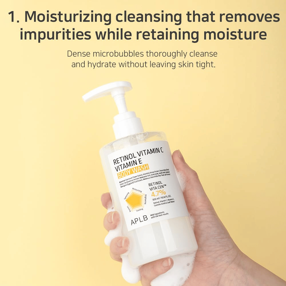 2. APLB Retinol Vitamin C Vitamin E Body Wash – jemný sprchový gél s mikrobublinkami, ktorý čistí bez vysušovania pokožky