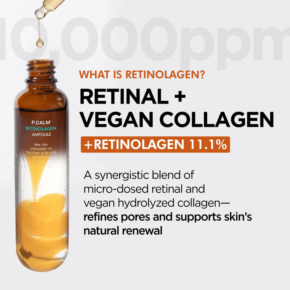 Produktový obrázok P.CALM Retinolagen Ampoule spolu s informáciami o „Retinolagen“, kombinácii retinalu a vegánskeho kolagénu. Obrázok zdôrazňuje obnovu pleti, zlepšenú štruktúru pokožky a zjemnenie pórov.