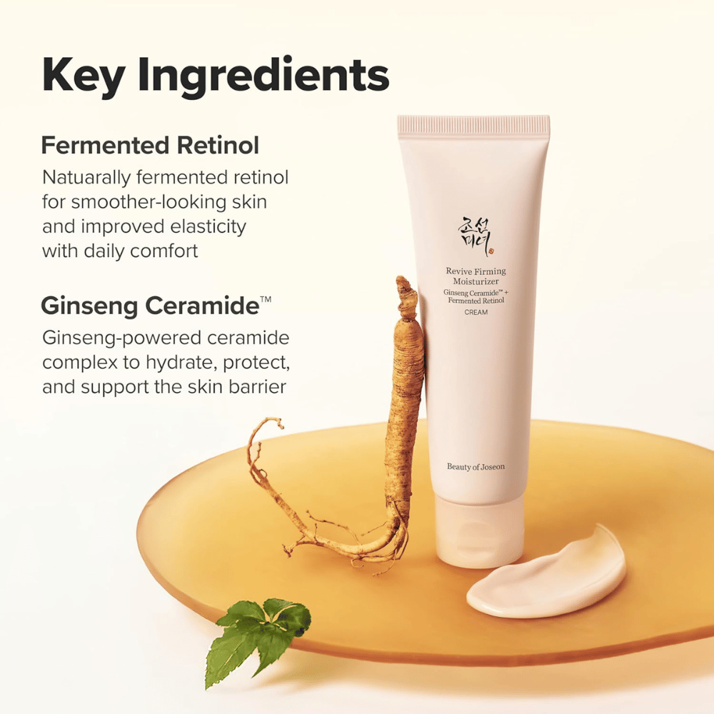 Obrázok – ingrediencie (SEO + EEAT)
Beauty of Joseon Revive Firming Moisturizer so ženšenovými ceramidmi a fermentovaným retinolom, ktoré posilňujú kožnú bariéru a zlepšujú elasticitu pokožky.