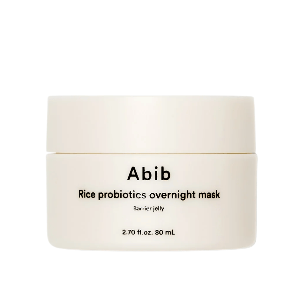 Produktový obrázok Abib Rice Probiotics Overnight Mask Barrier Jelly – biela nádoba s čiernym textom obsahujúca 80 ml nočnej masky na posilnenie kožnej bariéry a hydratáciu pokožky.