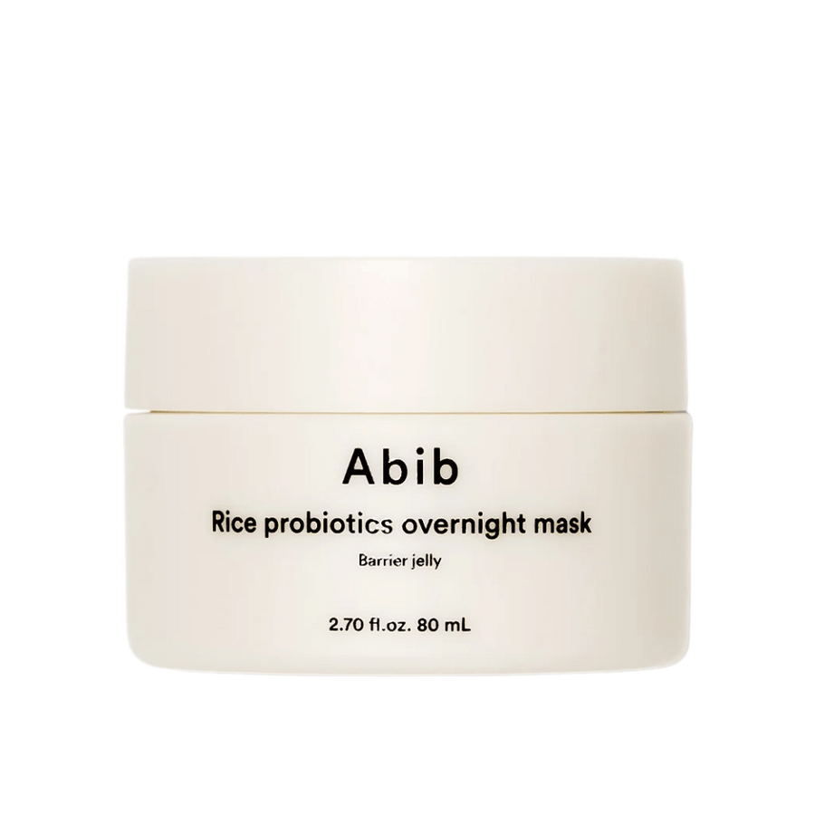 Produktový obrázok Abib Rice Probiotics Overnight Mask Barrier Jelly – biela nádoba s čiernym textom obsahujúca 80 ml nočnej masky na posilnenie kožnej bariéry a hydratáciu pokožky.