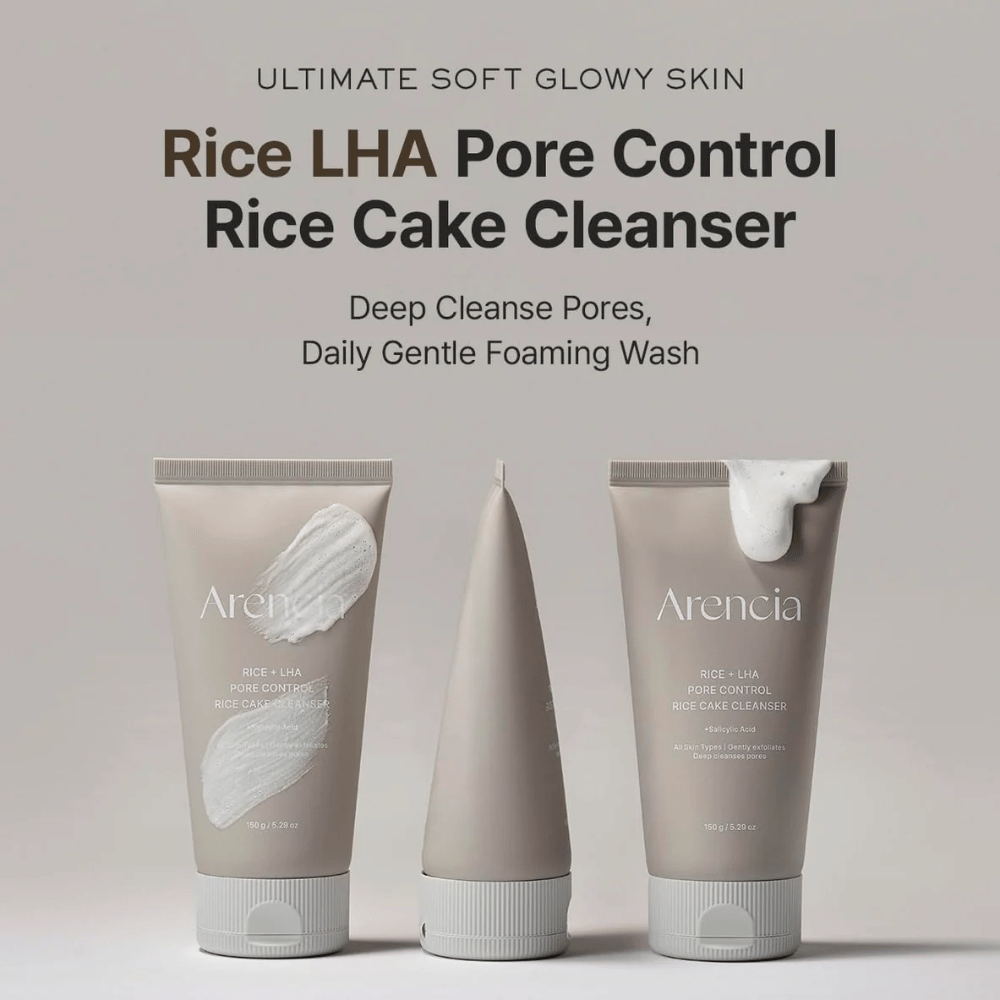 Prezentácia produktu Arencia Rice + LHA Pore Control Rice Cake Cleanser z rôznych uhlov, denný penivý čistiaci prostriedok na tvár pre jasnejšie póry a rovnomernejšiu štruktúru pokožky.