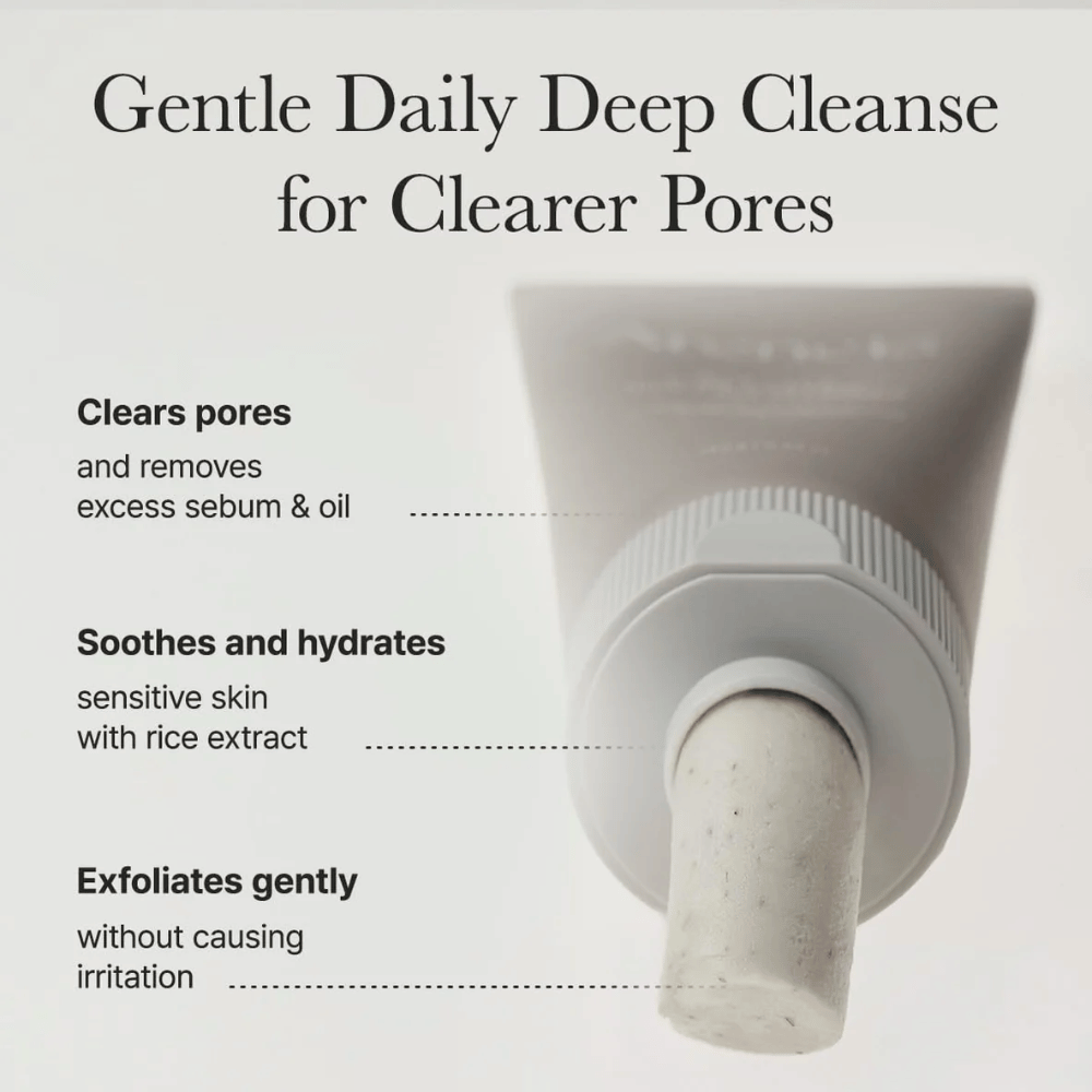 Informačný obrázok ukazuje, ako Arencia Rice + LHA Pore Control Rice Cake Cleanser čistí póry, hydratuje citlivú pokožku a jemne exfoliuje bez podráždenia.