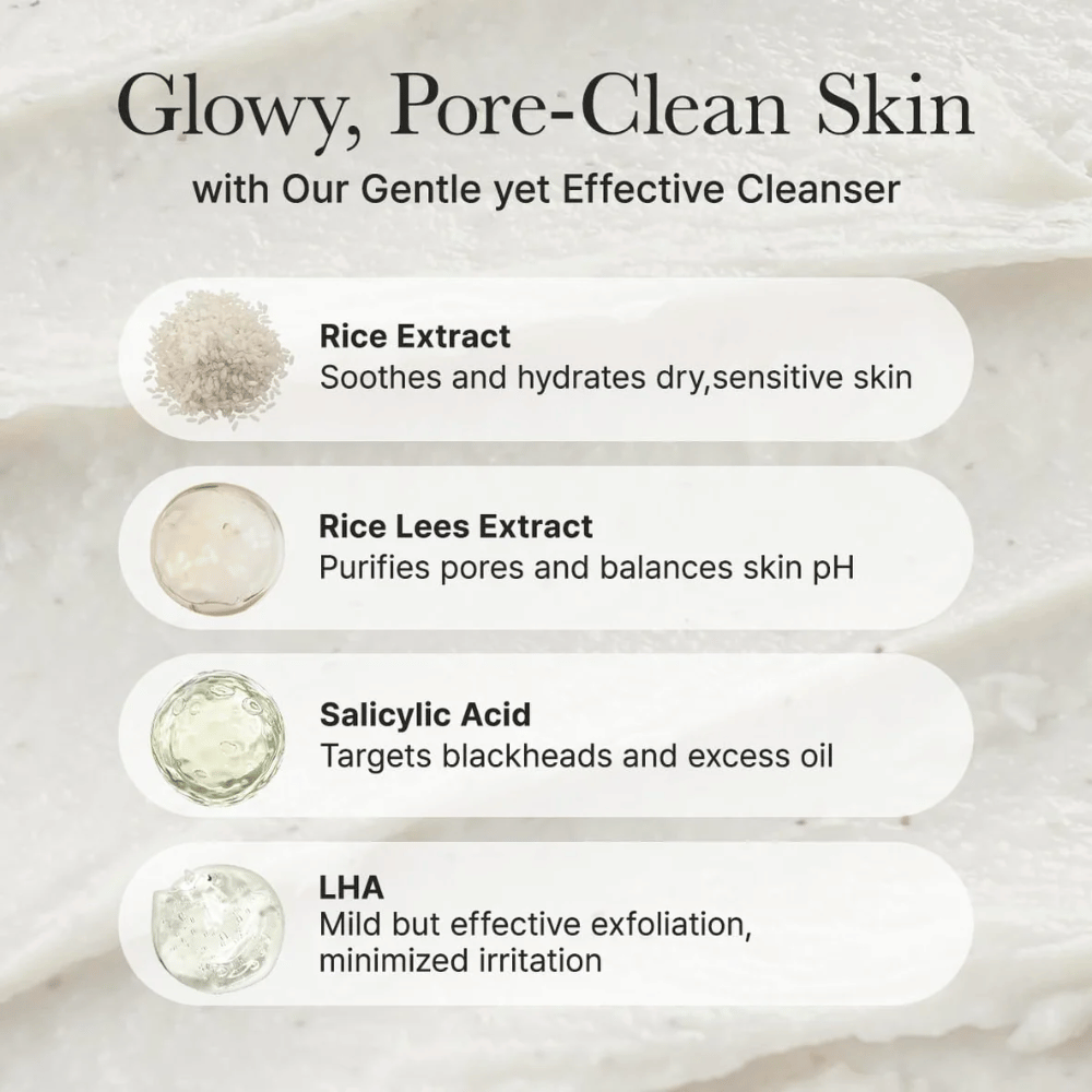 Prehľad zložiek pre Arencia Rice + LHA Pore Control Rice Cake Cleanser s ryžovým extraktom, rice lees extraktom, kyselinou salicylovou a LHA pre upokojujúci, čistiaci a vyrovnávajúci účinok.