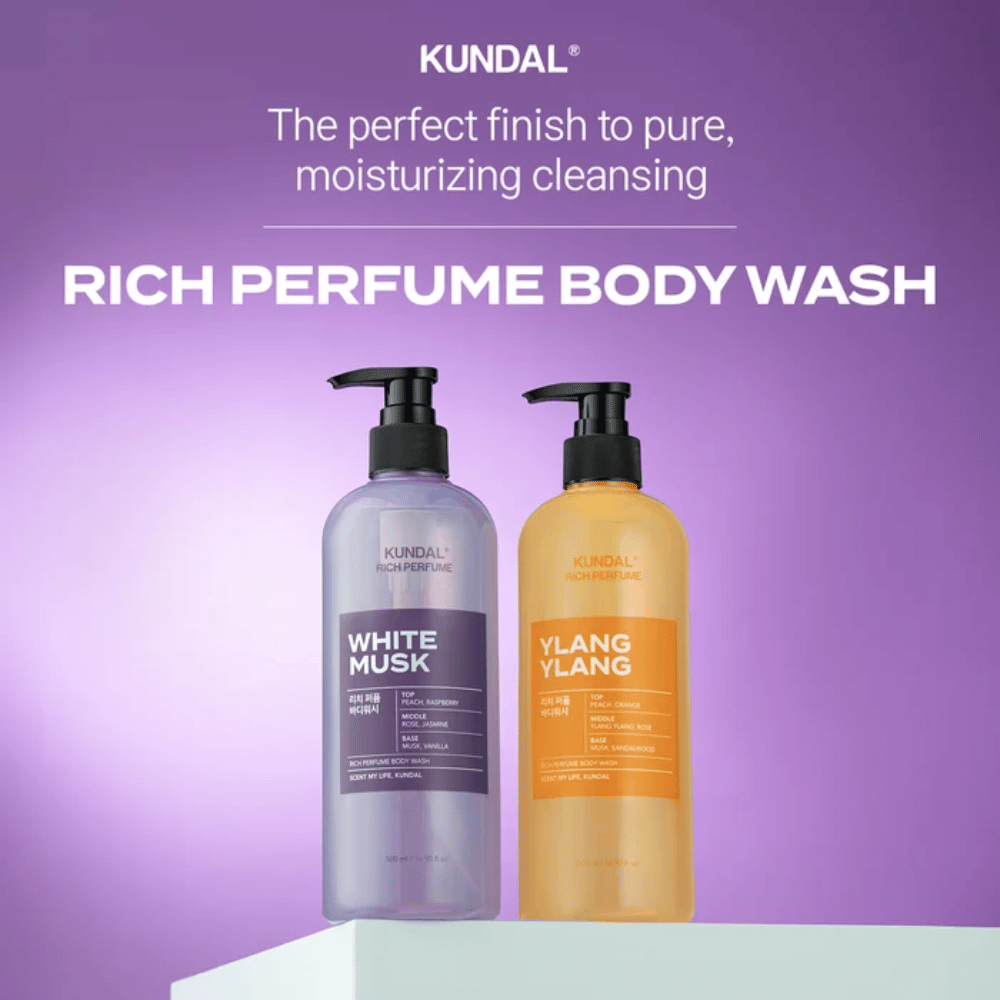 5. KUNDAL Rich Perfume Body Wash White Musk & Ylang Ylang – parfumovaný a hydratačný čistiaci prípravok na telo