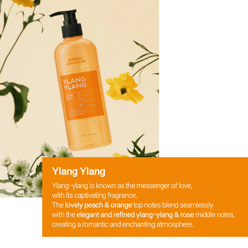 2. KUNDAL Rich Perfume Body Wash Ylang Ylang 500 ml – sprchový gél s vôňou broskyne, pomaranča, ylang-ylangu, ruže, pižma a santalového dreva