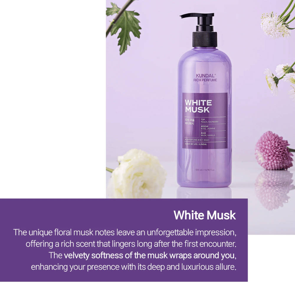 1. KUNDAL Rich Perfume Body Wash White Musk & Ylang Ylang 500 ml – parfumovaný sprchový gél v dvoch vôňových variantoch