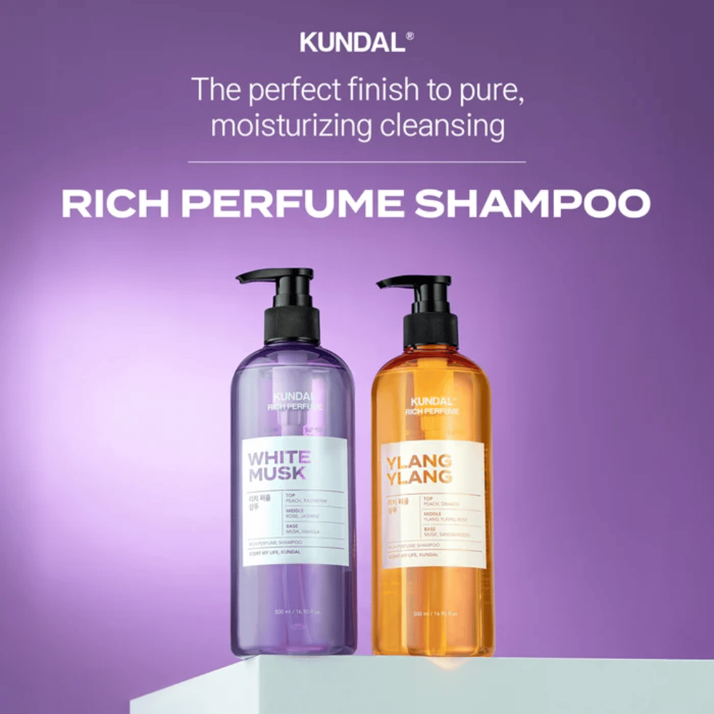 7. KUNDAL Rich Perfume Shampoo White Musk & Ylang Ylang 500 ml – čistiaci šampón s hydratačnými vlastnosťami v dvoch vôňových variantoch