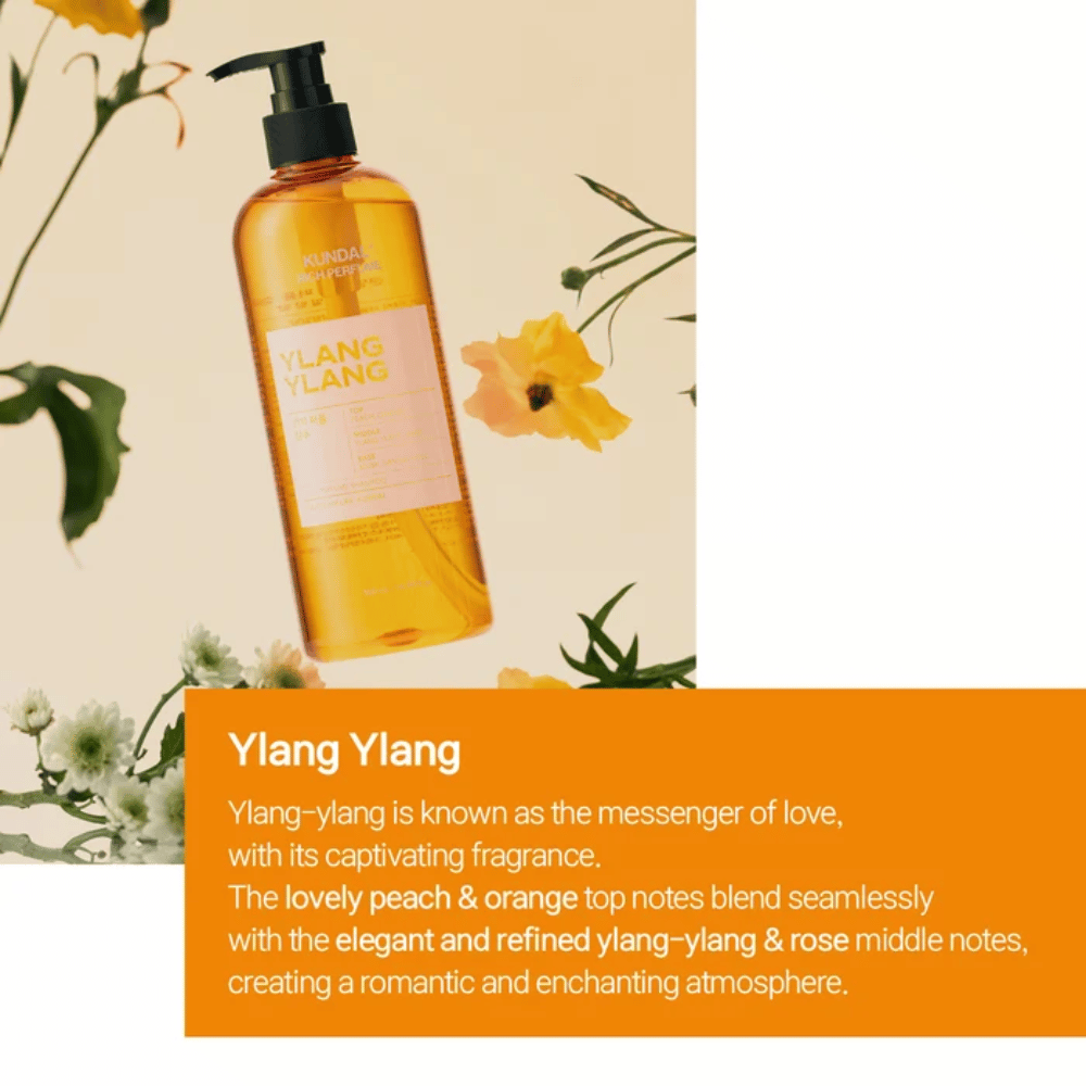 3. KUNDAL Rich Perfume Shampoo Ylang Ylang – oranžová fľaša šampónu s kvetinovou a ovocnou vôňou