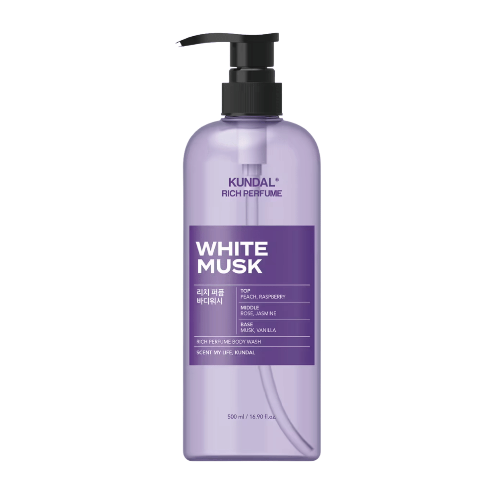 7. KUNDAL Rich Perfume Body Wash White Musk 500 ml – fialový sprchový gél s vôňou broskyne, maliny, ruže, jazmínu, pižma a vanilky