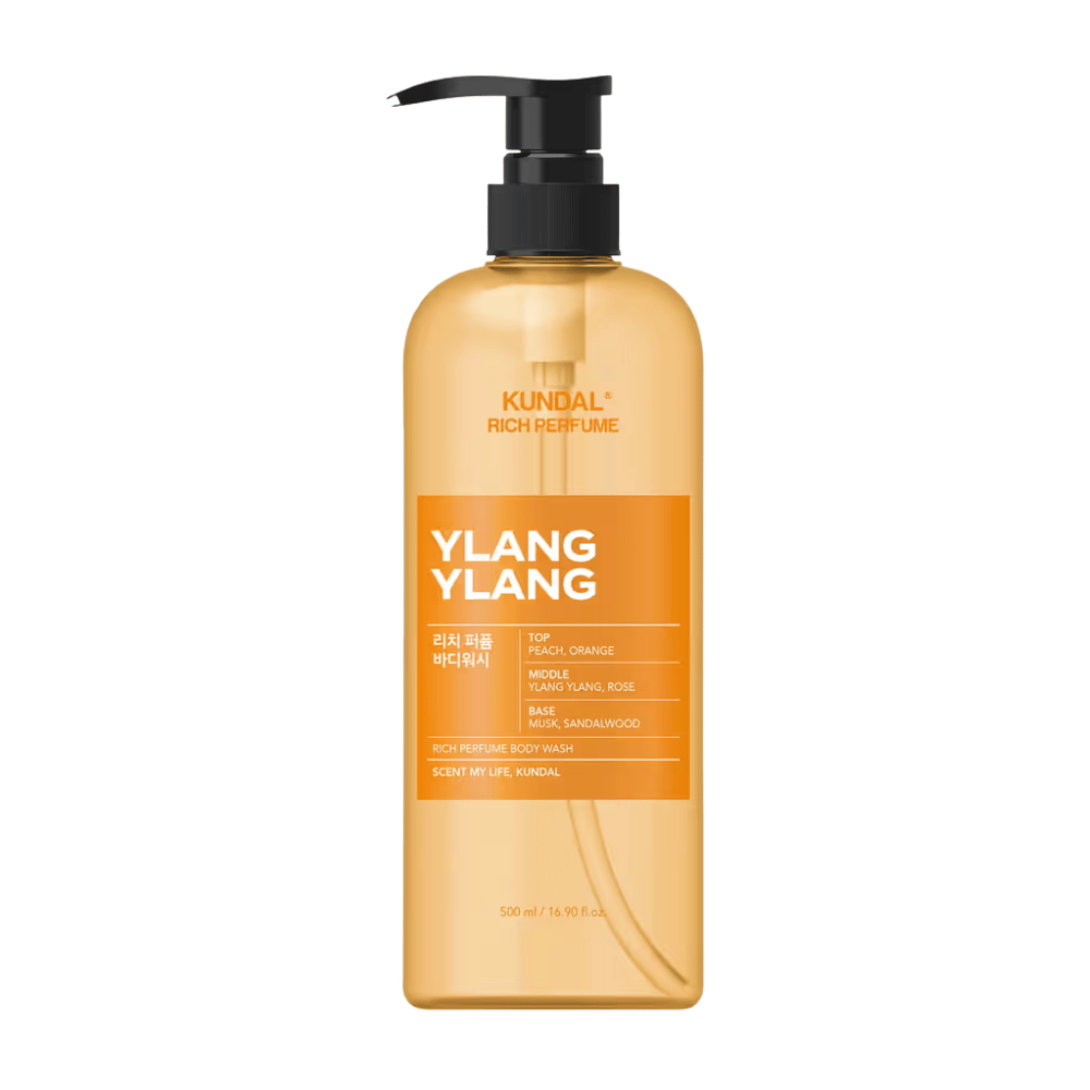 6. KUNDAL Rich Perfume Body Wash Ylang Ylang 500 ml – oranžový sprchový gél s pumpičkou