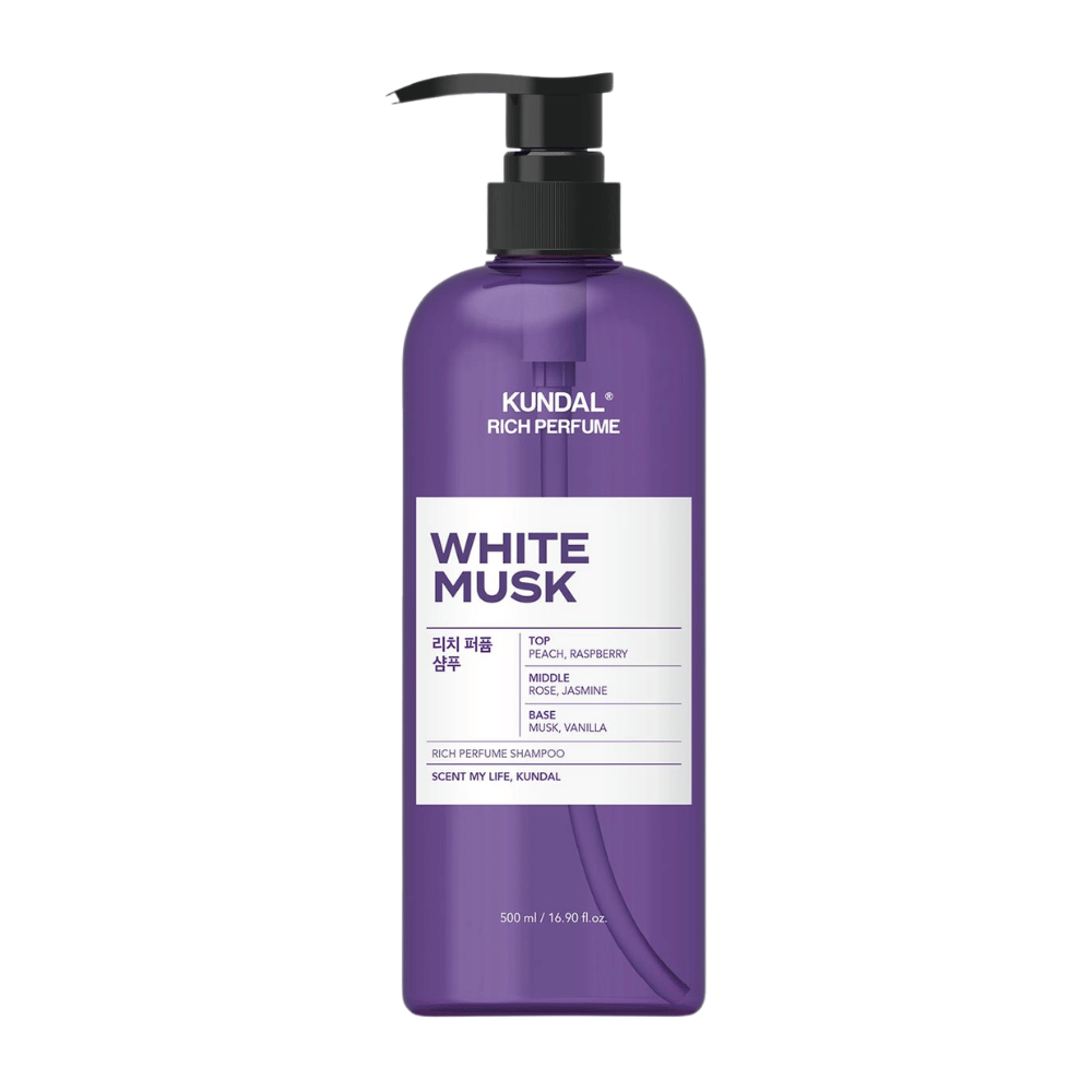 2. KUNDAL Rich Perfume Shampoo White Musk 500 ml – šampón s vôňou broskyne, maliny, ruže, jazmínu, pižma a vanilky