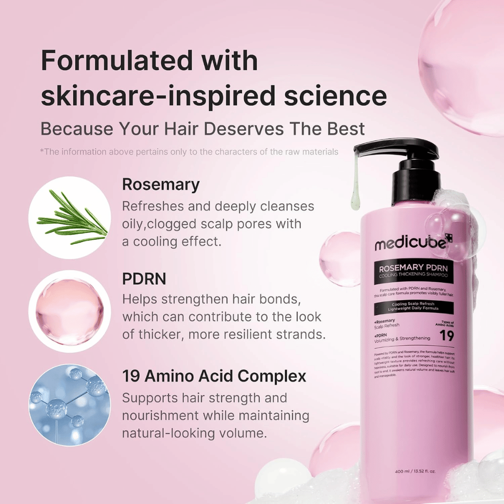 Medicube Rosemary PDRN Cooling Thickening Shampoo s rozmarínom, PDRN a 19 aminokyselinami pre plnšie vlasy