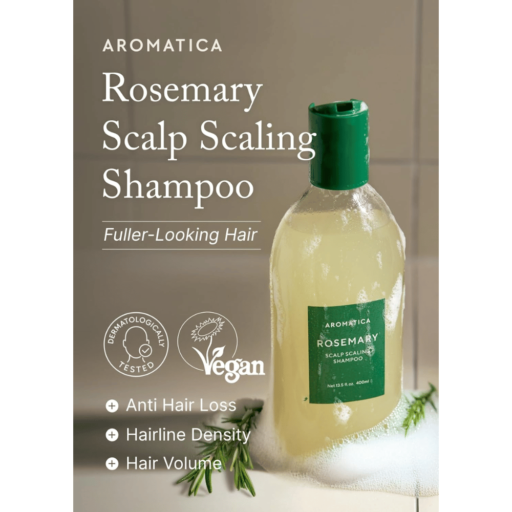 AROMATICA Rosemary Scalp Scaling Shampoo na čistenie a exfoliáciu pokožky hlavy, ktorá prispieva k zníženiu vypadávania vlasov, zvýšeniu objemu vlasov a zdravej pokožke hlavy.