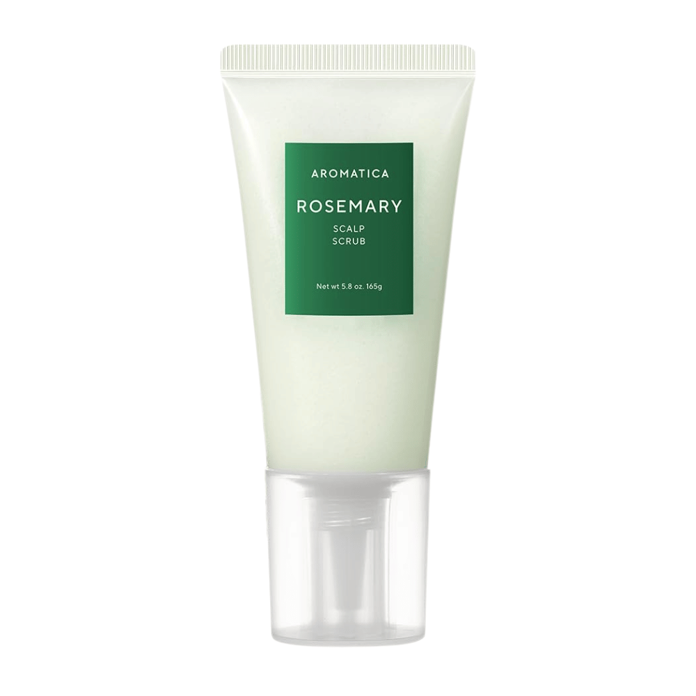 4. AROMATICA Rosemary Scalp Scrub 165 g – exfoliačný peeling na pokožku hlavy s rozmarínom vo svetlozelenej tube na bielom pozadí