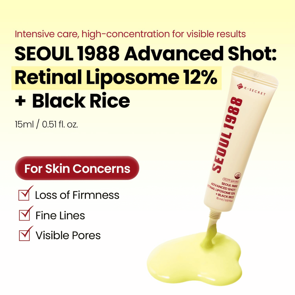 K-SECRET SEOUL 1988 Advanced Shot Retinal Liposome 12% + Black Rice 15 ml – intenzívna retinalová starostlivosť pre jemné linky, viditeľné póry a stratu pevnosti.