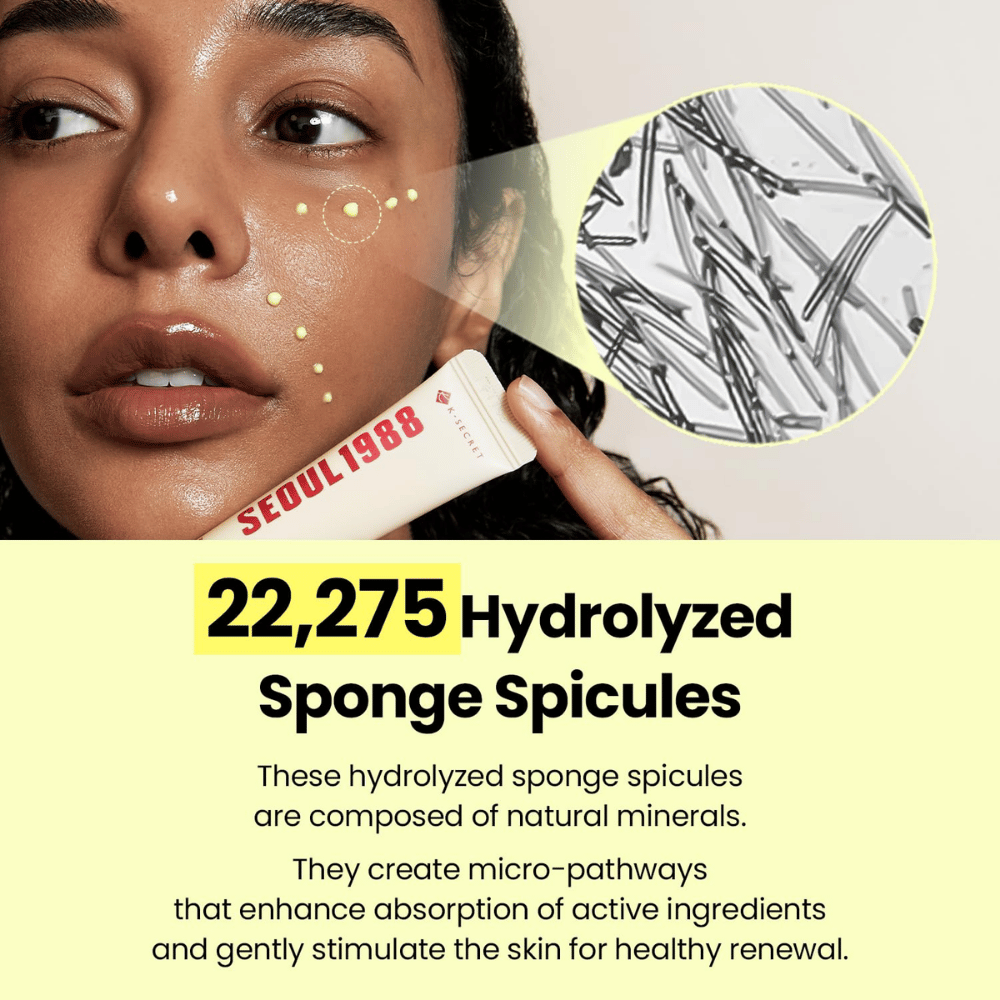 K-SECRET SEOUL 1988 Advanced Shot – formula s 22 275 hydrolyzovanými sponge spicules, ktorá sa kombinuje s aktívnymi zložkami starostlivosti o pleť.