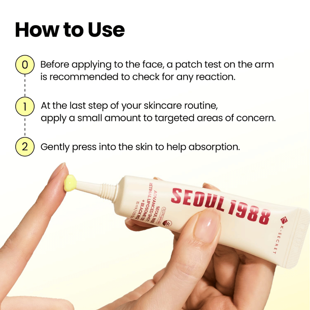 K-SECRET SEOUL 1988 Advanced Shot Retinal Liposome 12% + Black Rice – aplikácia retinalovej starostlivosti ako posledného kroku v rutine starostlivosti o pleť.