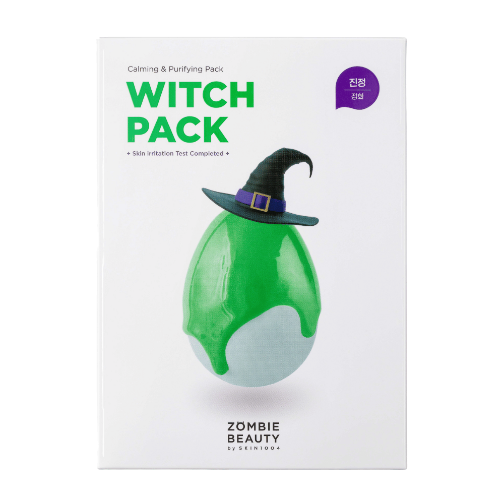 Obal pre Zombie Beauty Witch Pack od SKIN1004. Na prednej strane je zelená kvapka s čarodejníckym klobúkom, s textom "Witch Pack" v zelenej farbe nad ním. Obal je propagovaný ako upokojujúca a čistiaca kúra, s bielym pozadím a značkou na spodnej časti.