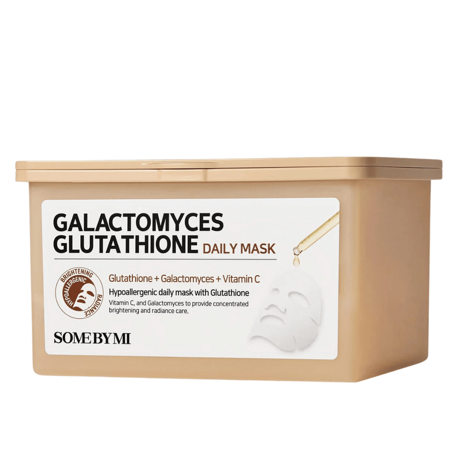 Galactomyces Glutathione Daily Mask od Some By Mi je hypoalergénna pleťová maska, ktorá kombinuje glutatión, galactomyces a vitamín C. Poskytuje koncentrovanú starostlivosť na rozjasnenie a dodanie žiarivého lesku pokožke, pričom zároveň ošetruje pleť.