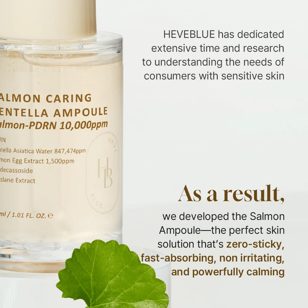 Heveblue Salmon Caring Centella Ampoule – rýchlo sa vstrebávajúce PDRN-sérum s centellou pre citlivú pokožku, upokojuje podráždenie a obnovuje kožnú bariéru
