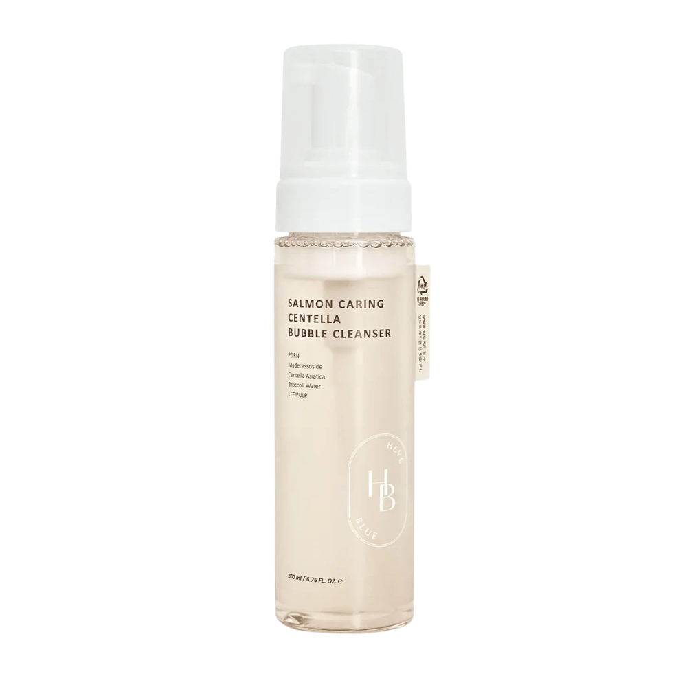 Heveblue Salmon Caring Centella Bubble Cleanser čistenie tváre – kórejská čistiaca pena s Centella Asiatica a PDRN, ktorá pomáha čistiť póry, upokojuje pokožku a hydratuje.