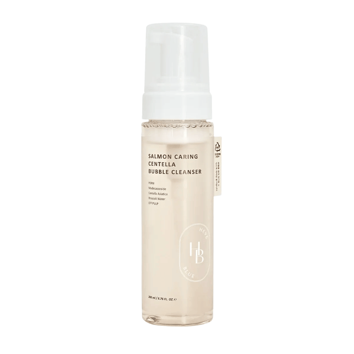 Heveblue Salmon Caring Centella Bubble Cleanser čistenie tváre – kórejská čistiaca pena s Centella Asiatica a PDRN, ktorá pomáha čistiť póry, upokojuje pokožku a hydratuje.