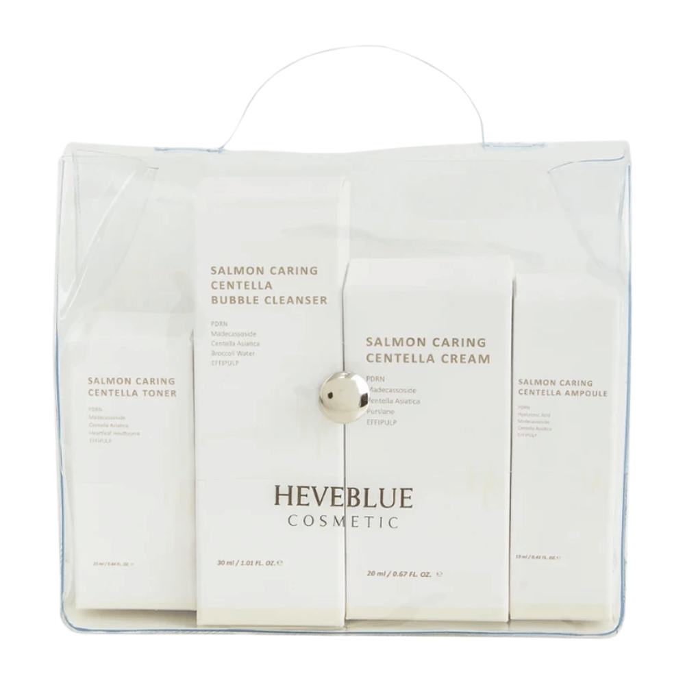 Heveblue Salmon Caring Centella Special Travel Kit sada starostlivosti o pleť – kórejská rutina starostlivosti o pleť s tonerom, bublinovým čistiacim prostriedkom, krémom a ampulkou s Centella Asiatica a PDRN.