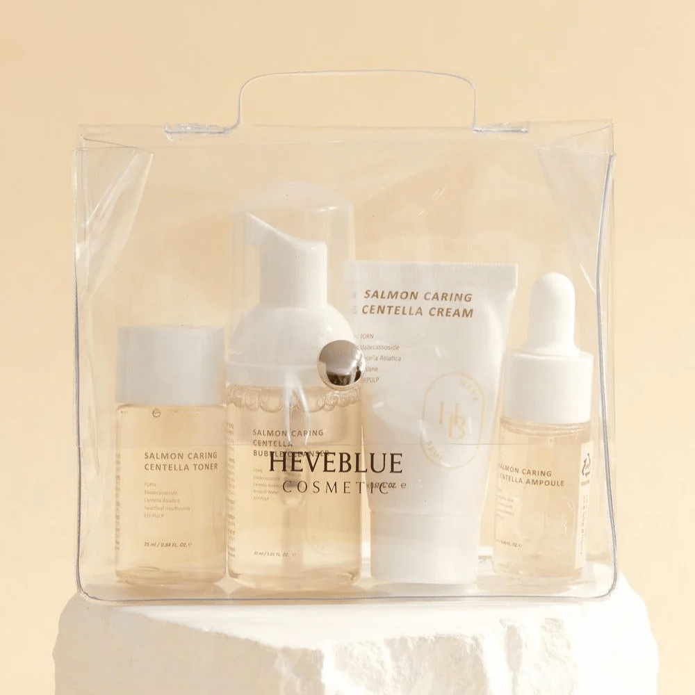 Heveblue Salmon Caring Centella Special Travel Kit – kórejská sada starostlivosti o pleť s tonerom, bublinovým čistiacim prostriedkom, krémom a ampulkou s Centella Asiatica a PDRN z lososa v praktickom cestovnom balení.